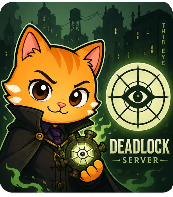 Рыжий кот Party2Play на фоне логотипа Deadlock