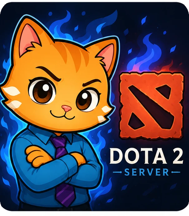 Рыжий кот Party2Play на фоне логотипа Dota 2