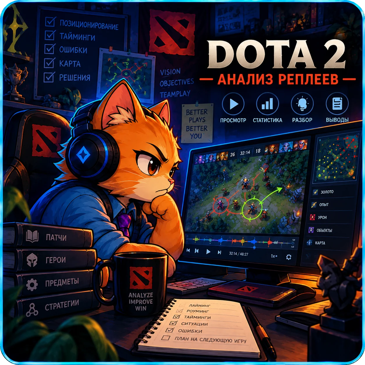 Рыжий кот Party2Play разбирает реплей Dota 2 за компьютером