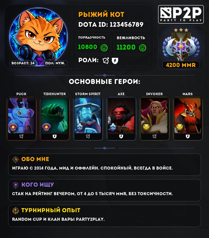 Пример анкеты игрока Dota 2, которую рисует бот Party2Play